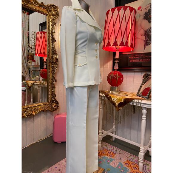 vintage 1970s cream pantsuit 70s jacket and pants flared butterfly mod polyester - Picture 6 of 10